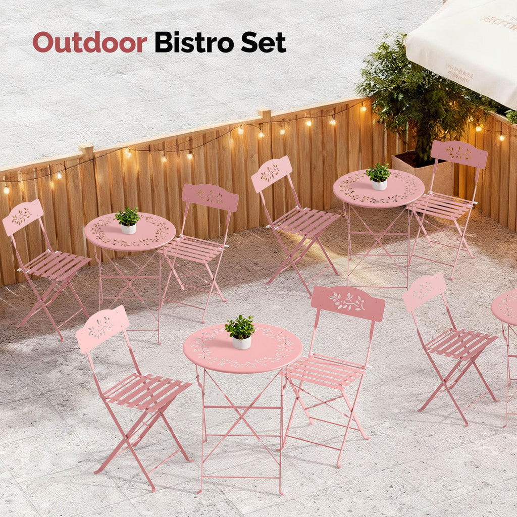 3-Piece Outdoor Folding Bistro Set, Bistro Table & 2 Chairs, Olive Leaf Cutout Design, Cushions Included, Foldable Patio Furniture, for Balcony, Garden, Porch & Yard, Pink/Black/Green/Yellow