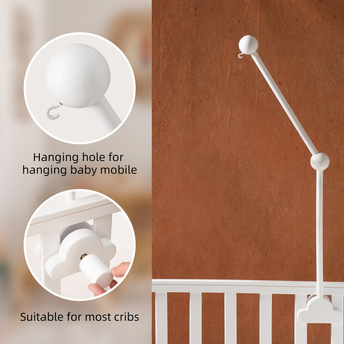 Wooden Cloud Baby Bed Bell Bracket, Nursery Mobile Hanger for Crib & Bedside, Children's Room Hanging Toy Arm Bracket Accessory, Baby Shower & Birthday Gift