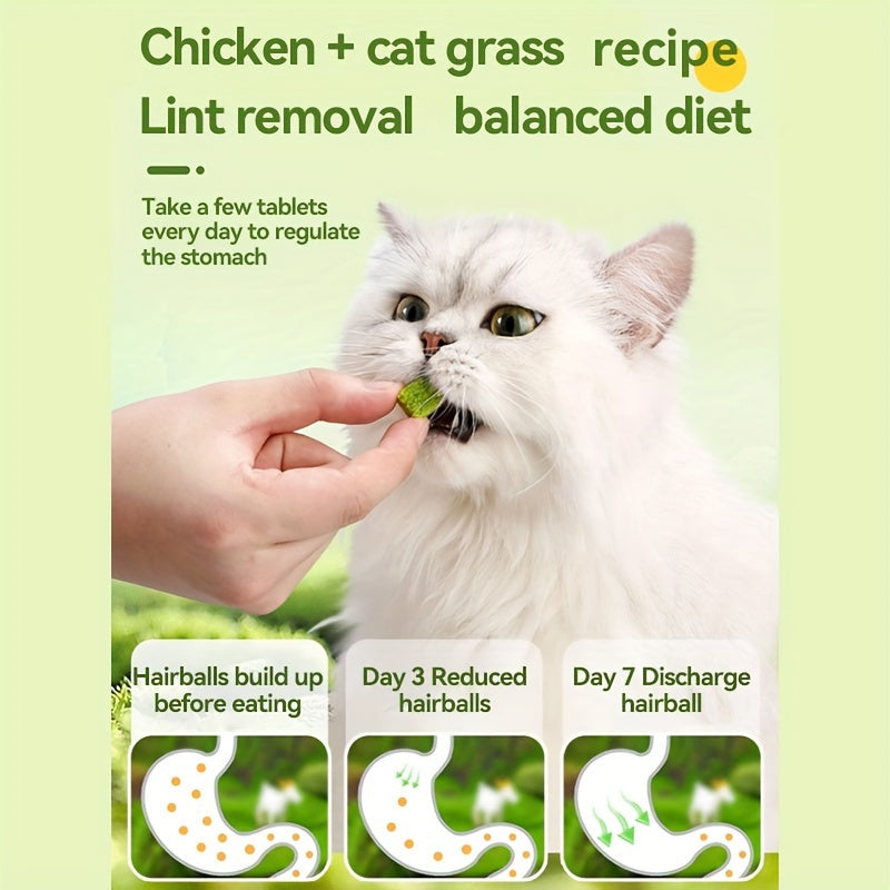 Freeze-Dried Cat Grass Hairball Control Tablets – Natural Mint Molar Sticks & Granules, Chicken-Flavored Cat Snacks for Dental Health & Hairball Removal