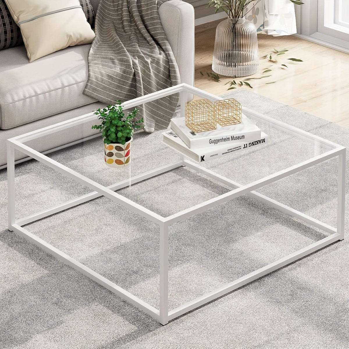 Glass Coffee Table 26"x26" – Modern Square Clear Glass Center Table for Living Room Small Spaces in Gold Black White with Plain or Striped Glass