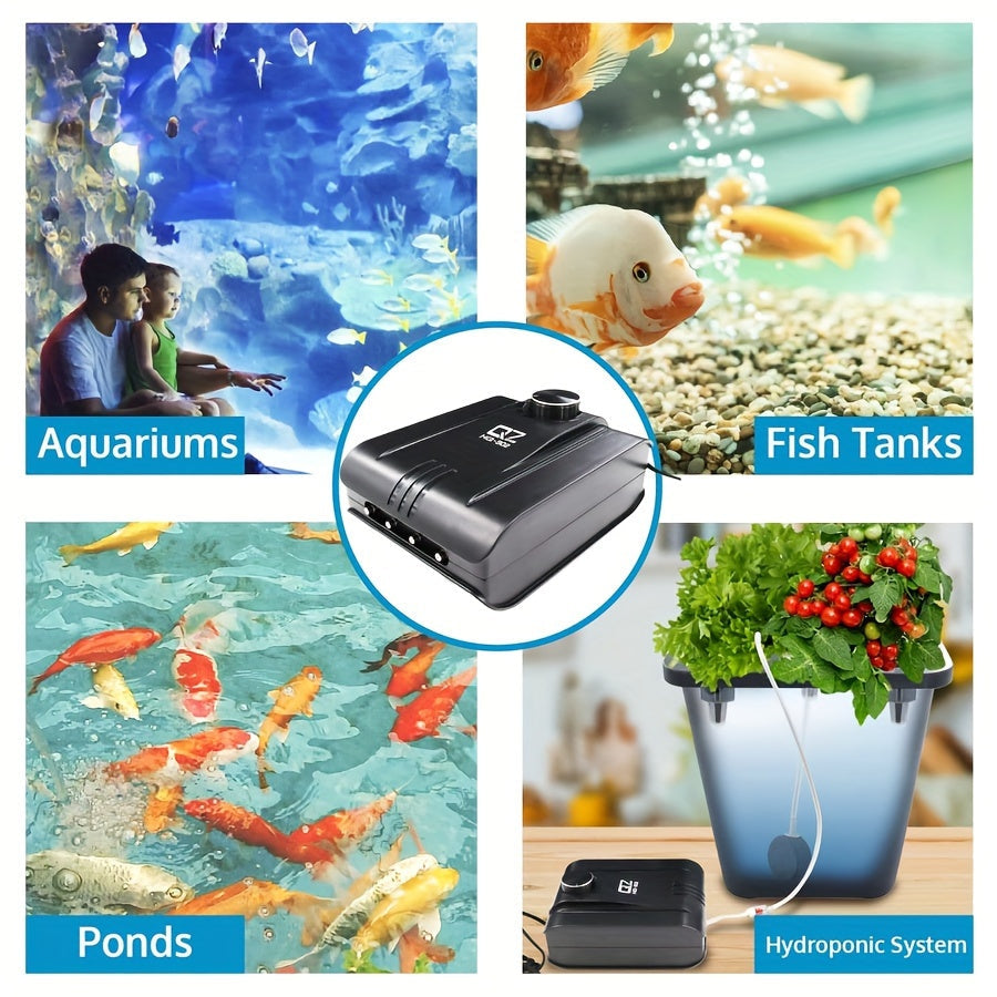水族气泵 4出气口 320GPH 8W – 静音鱼缸气泵，适用于高达400加仑水族箱，带可调气阀，包含4个止回阀、4个气泡石及4根5英尺软管，适用于淡水、海水、水培及鱼池