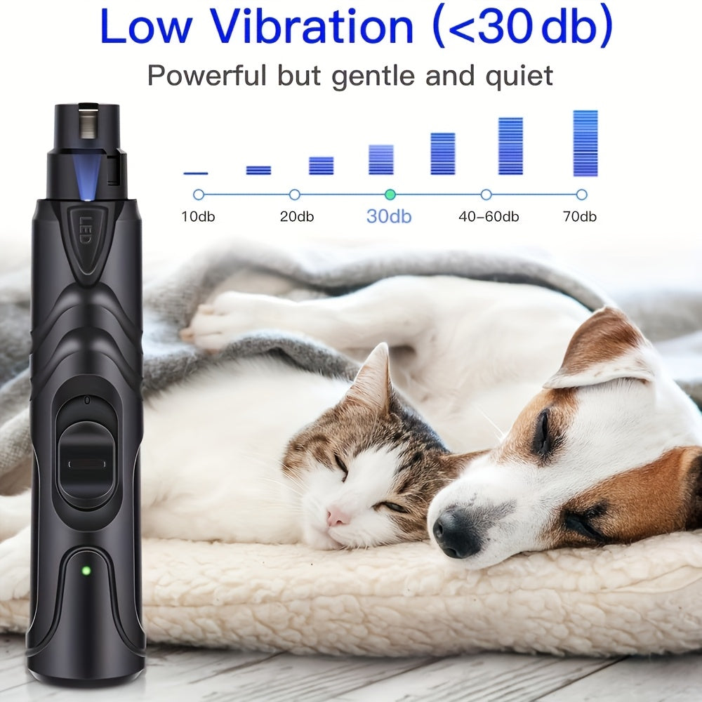 Rechargeable Dog Nail Grinder with LED Light - Quiet Painless Electric Nail Trimmer for Large, Medium, and Small Dogs, 2-Speed Settings, Portable USB Grooming Tool for Home & Travel Pet Nail Care