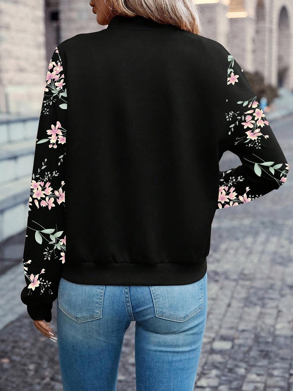Women's Floral Print Zip-Up Baseball Collar Long Sleeve Lightweight Casual Jacket, Black, S-XXL