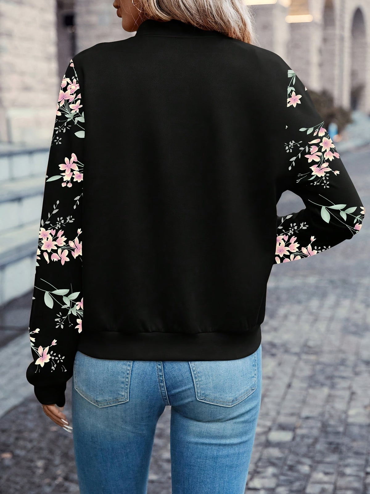 Women's Floral Print Zip-Up Baseball Collar Long Sleeve Lightweight Casual Jacket, Black, S-XXL