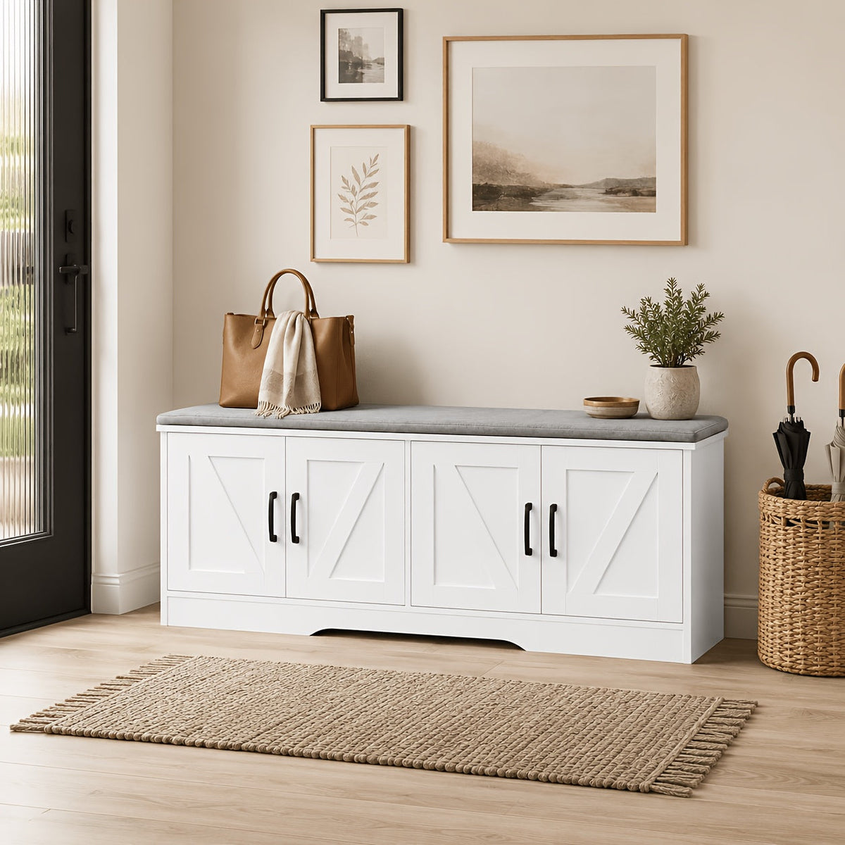 43-Inch Storage Ottoman Bench with 4 Barn Doors, Large Capacity Heavy-Duty Shoe Storage Bench, Long Entryway Bench with Storage for Living Room Foyer Bedroom, Modern Farmhouse Style