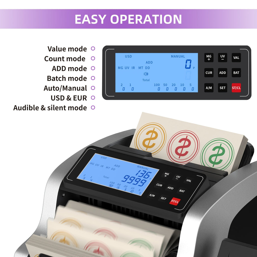Money Counting Machine with UV/MG/IR/MT/DD Counterfeit Detection – 1,300 Bills/Min, 5 Counting Modes, 3.7" LCD Dual Display, 12-Key Panel, Quiet Mode <60dB, for USD & EUR, Black or Silver – Nova Mart