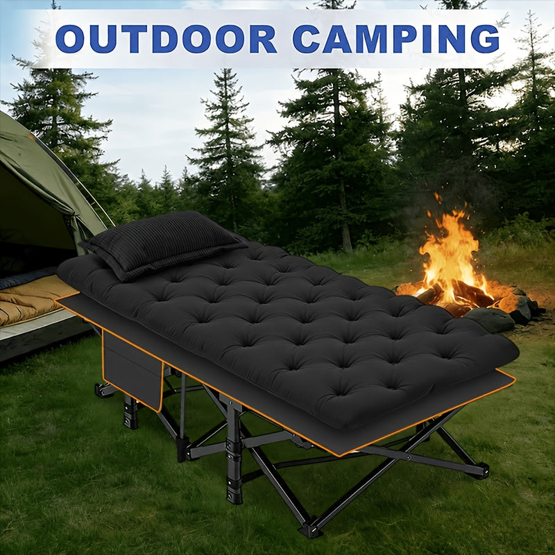 Folding Camping Bed with Mattress & Side Pockets – Heavy Duty Portable Cot for Adults, Foldable Guest Bed for Camping, Outdoor, Courtyard, Terrace, Office, and Guest Room