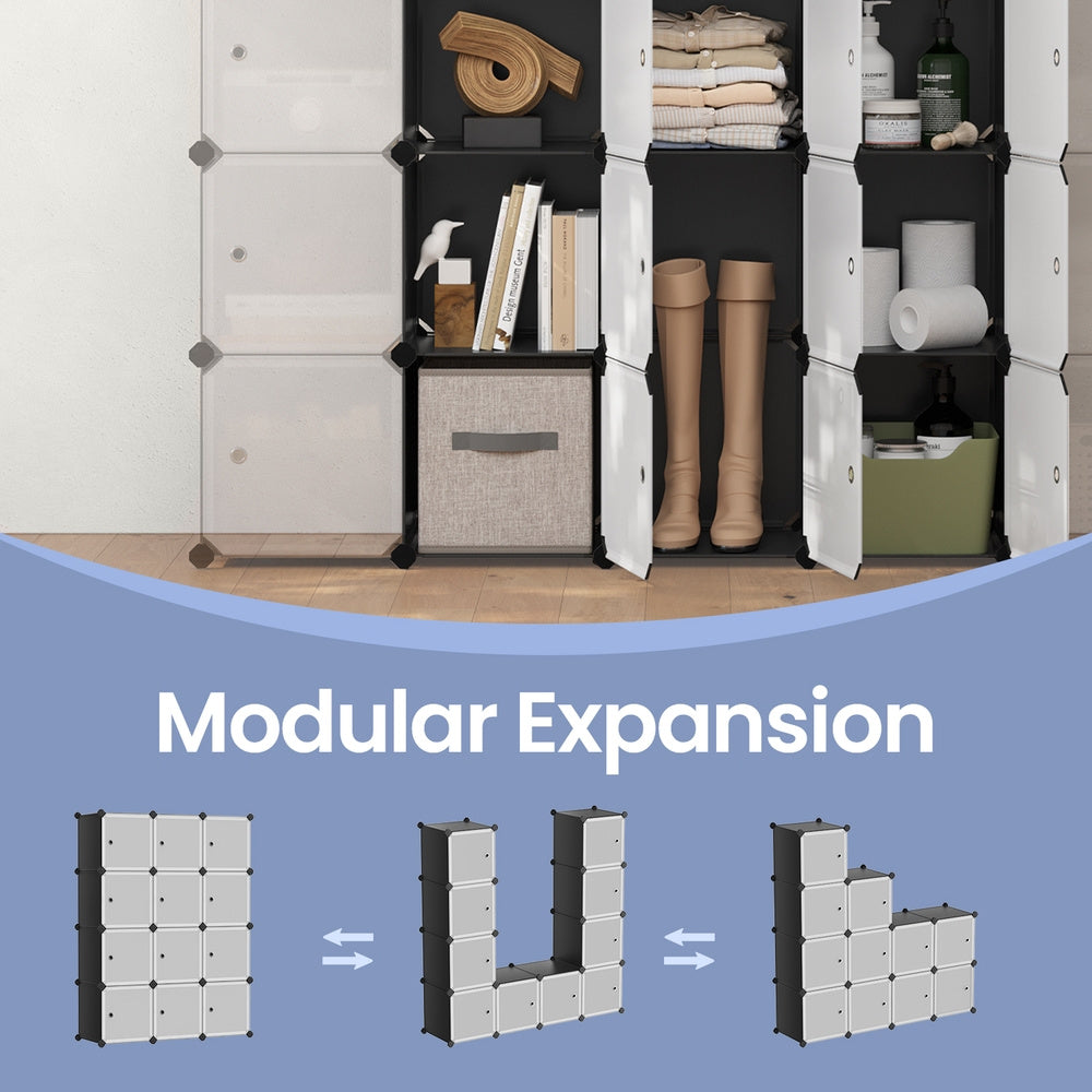 12-Cube Modular Storage Organizer with Doors DIY Closet Cabinet Waterproof Dustproof Customizable for Bedroom Living Room Clothes Books Bags Matte Black White