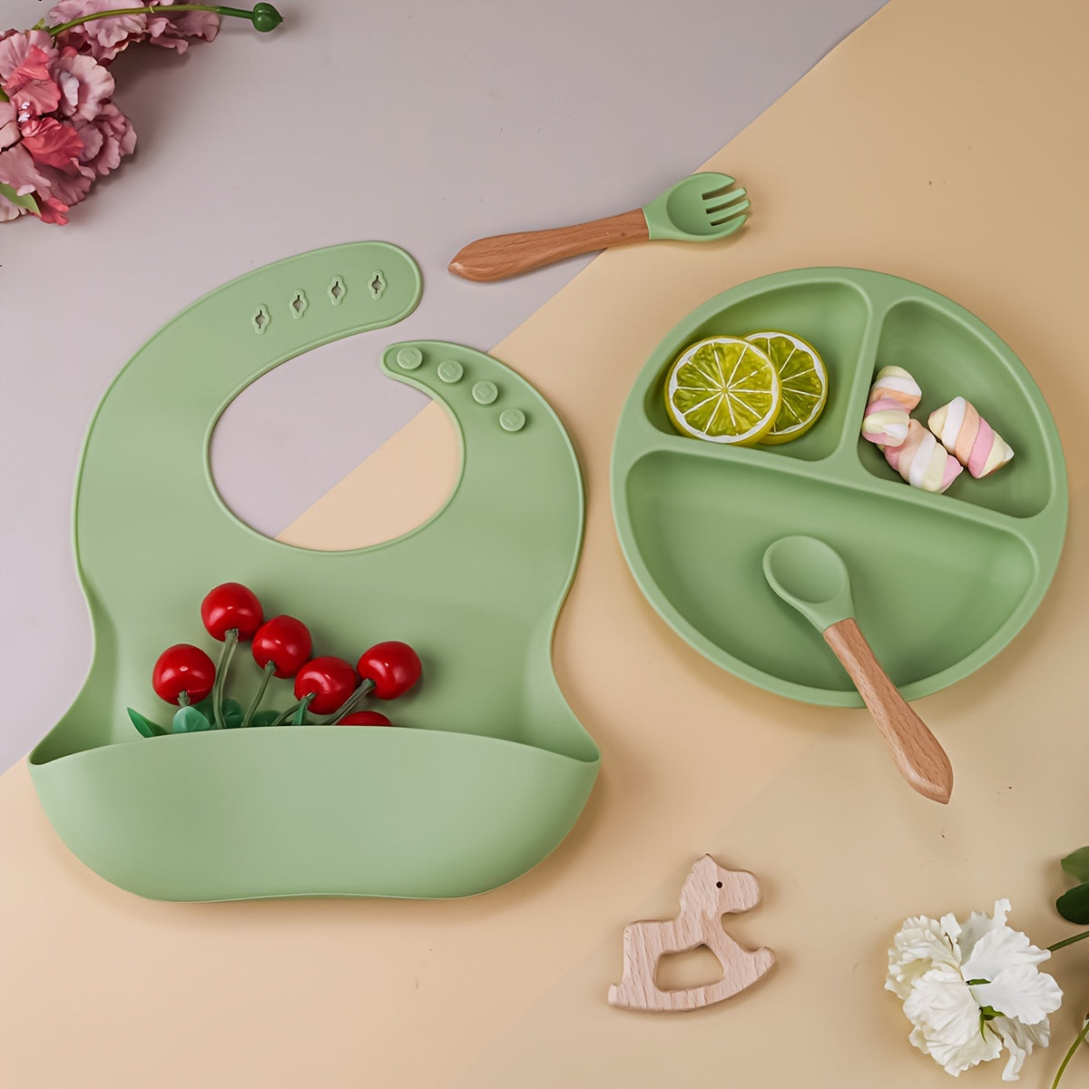 TYRY.HU Personalized Silicone Weaning Kit with Custom Name, Cartoon Baby Feeding Set with Plate for Toddlers & Babies, Easy to Clean, 4pc & 5pc Sets, Pink, Beige, Blue & Green, Ideal Baby Shower & Christmas Gift