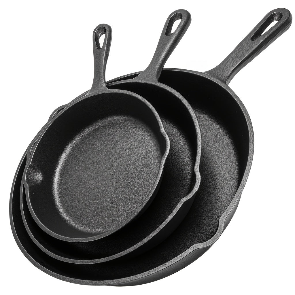 3-Piece Cast Iron Skillet Set with Pour Spouts – Pre-Seasoned Non-Stick Heavy-Duty Cookware for Holiday Cooking, RV Camping, Campfire Meals, Oven & Stovetop Safe Kitchen Gift