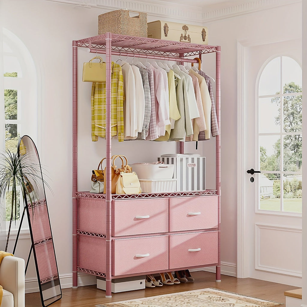 Heavy Duty Clothes Rack with 4 Drawers 420LBS Adjustable Clothing Rack for Hanging Coats Shirts Dresses Top Shelf 10-Minute Assembly for Bedroom Closet Apartment