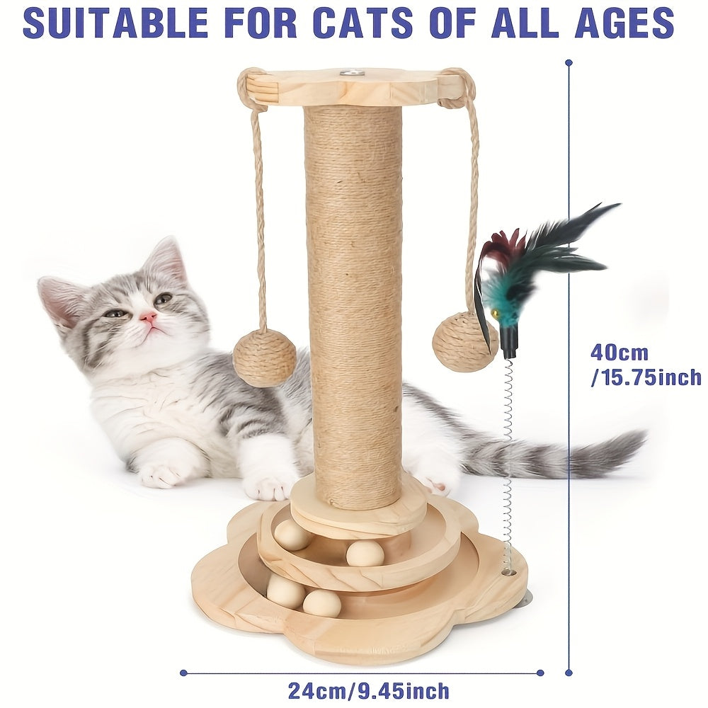 5-in-1 Wooden Cat Scratching Post Toy for Indoor Cats, Tall Sisal Post, 2-Level Track Ball, Interactive Feather Toy, Hanging Balls, Cat Furniture for Kittens and Adults