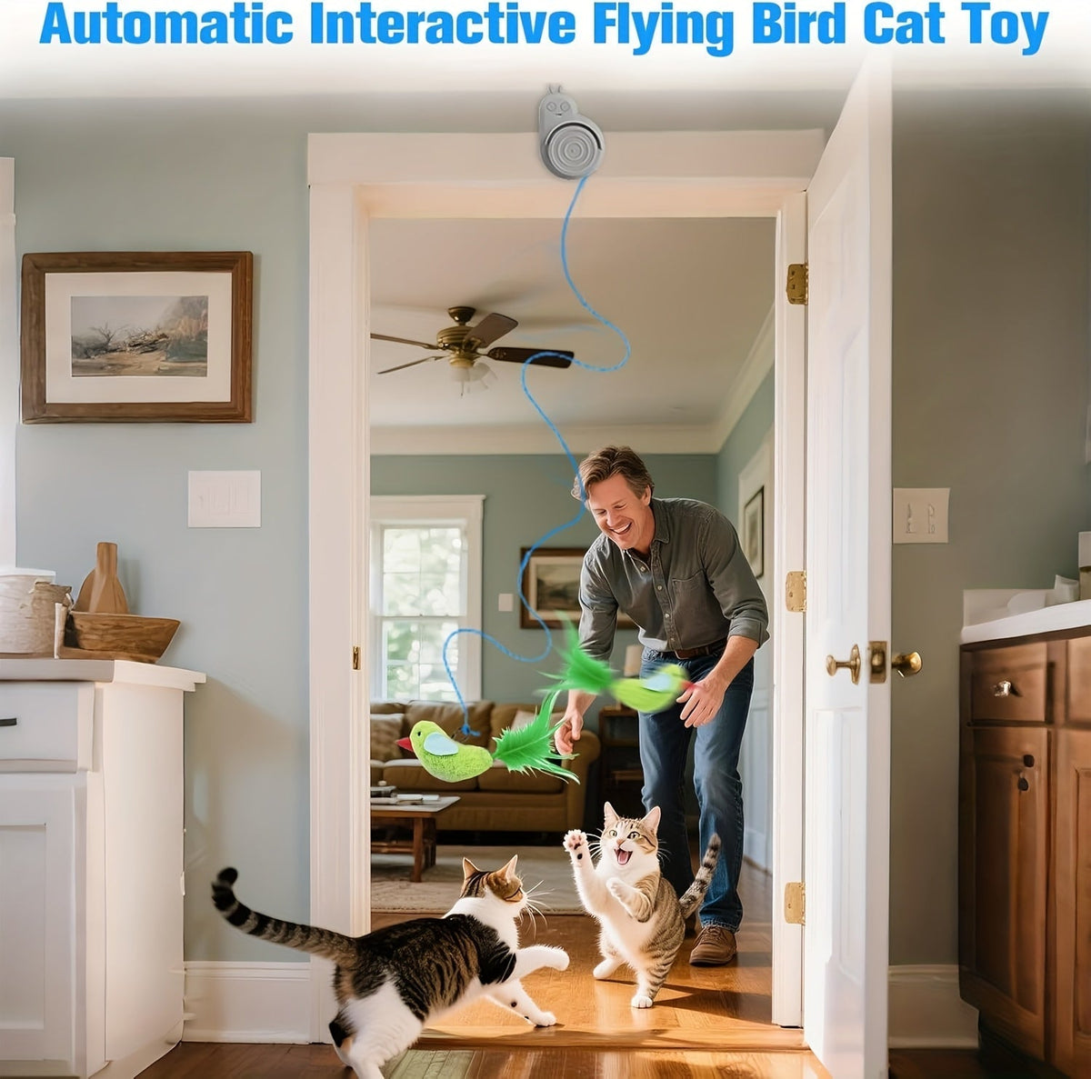 Interactive Cat Toy for Indoor Cats – Automatic Electric Flying Bird Feather Hanging Self-Play Toy for Bored Kittens & Adult Cats, White Blue Grey