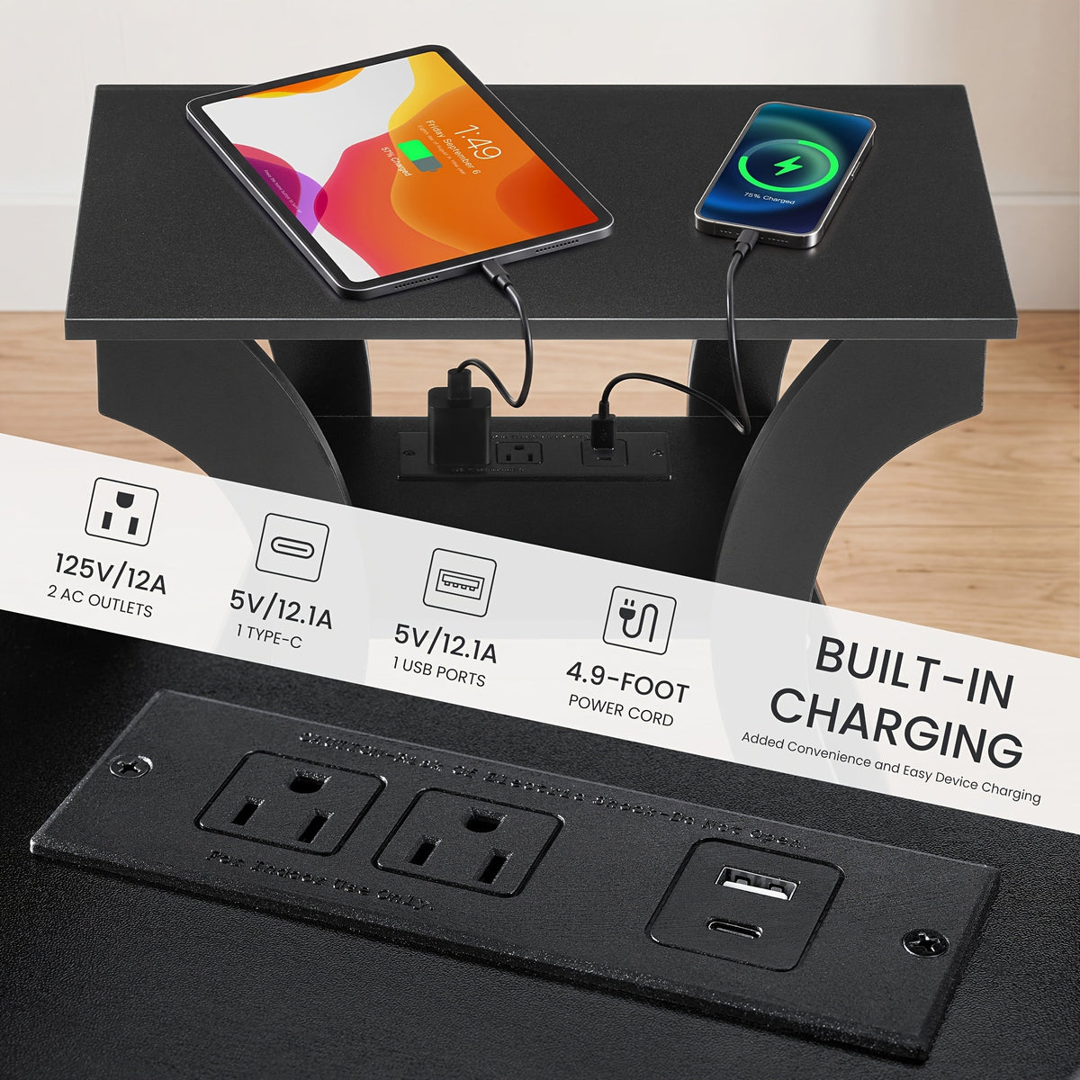 3-Tier Nightstand with Charging Station - USB Ports & Outlets, Modern Slim Bedside End Table for Bedroom, Dorm & Small Apartment - Black & White, 1 or 2 Pack