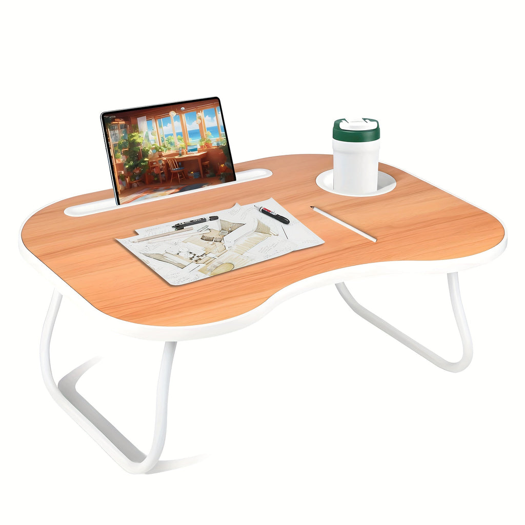 Laptop Desk with USB Port, Storage Drawer & Cup Holder – Walnut Wood Bed Tray Table for Eating, Writing, Sofa, Couch, Adults, and Students