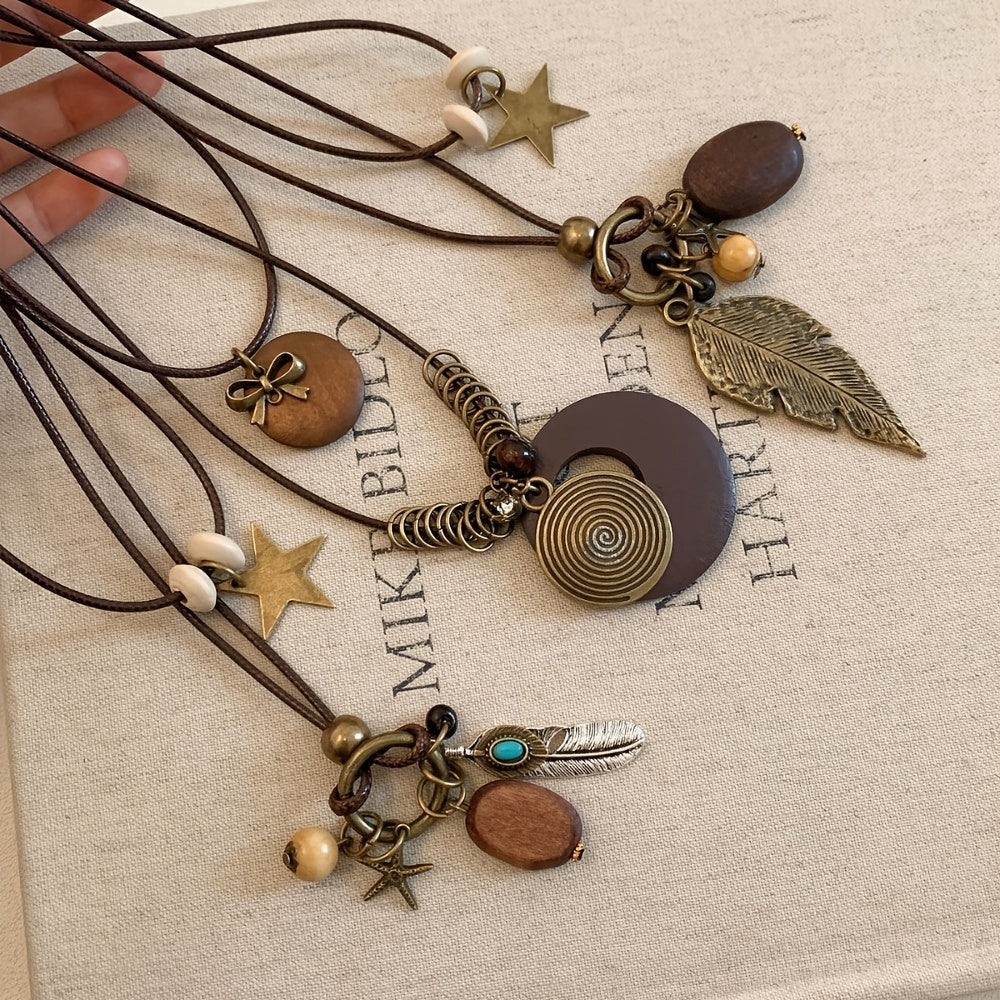 5-Piece Bohemian Layered Necklace Set for Women – Retro Boho Sweater Chain Y-Shaped Necklace with Feather, Leaf, Butterfly, and Star Pendants, Fashionable Stackable Jewelry Gift for Daily Wear and Banquets