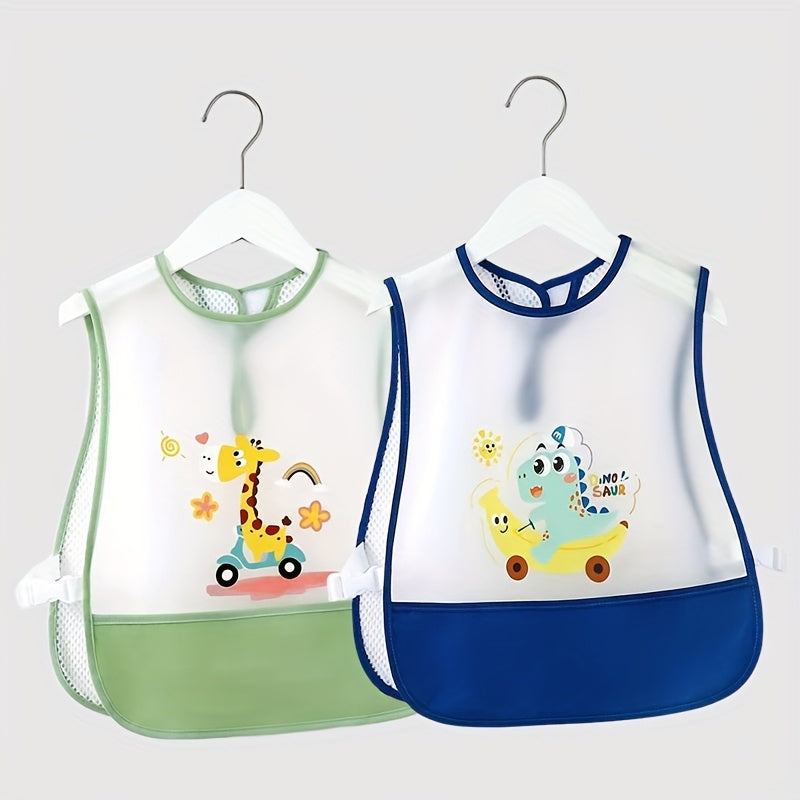 Toddler Feeding Bib with Extra-Large Catch Pocket, Adjustable Long Suspender Mealtime Bib for Kids Ages 1-4, Reusable Easy-Clean Preschool Mealtime Protector for Boys & Girls
