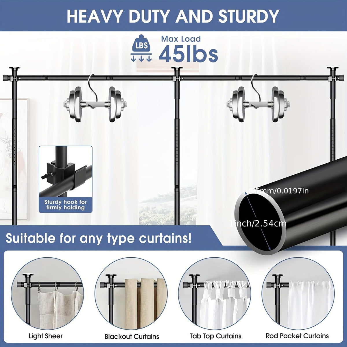 No-Drill Room Divider Floor-to-Ceiling Tension Rod Privacy Screen 4–10 Ft Height 29–146 In Width Adjustable Metal Frame for Renters Office & Bedroom – Black