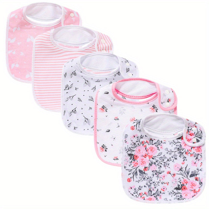 5-Pack Baby Drool & Teething Bibs, Soft Absorbent Cloth Bibs with Snap Closure for Newborns & Infants, Multicolor Feeding & Teething Bibs in Pink & Green