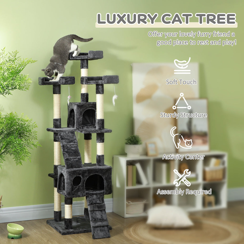 68-Inch Multi-Level Cat Tree Tower with 2 Condos, Sisal Scratching Posts, Plush Perches, Ladders & Dangling Toys, Sturdy Particle Board Base, for Cats up to 10 lbs, 19.3"x19.3"x68.1"