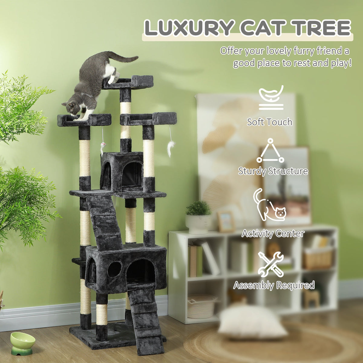 68-Inch Multi-Level Cat Tree Tower with 2 Condos, Sisal Scratching Posts, Plush Perches, Ladders & Dangling Toys, Sturdy Particle Board Base, for Cats up to 10 lbs, 19.3"x19.3"x68.1"