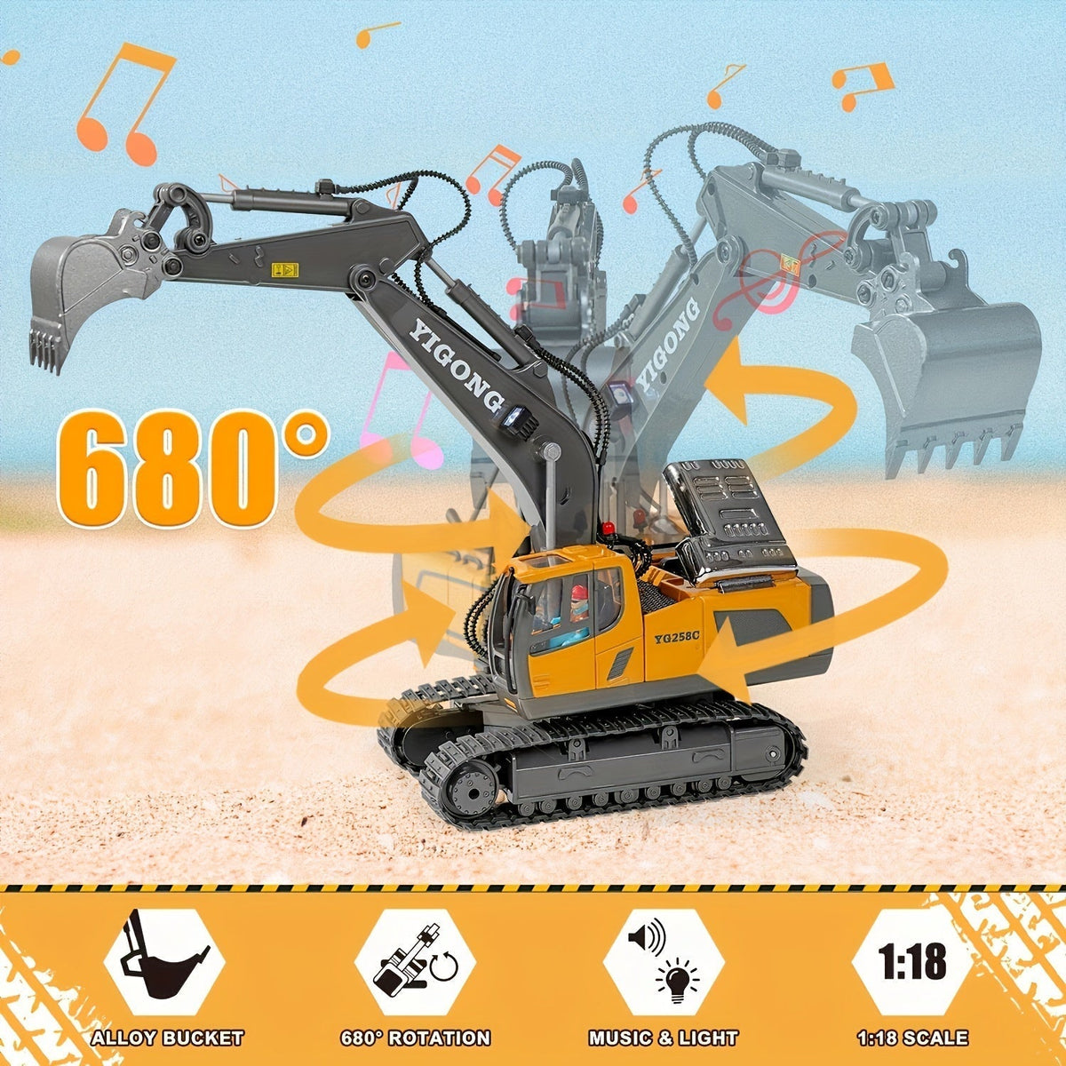 Remote Control Excavator Toy Set with Metal Shovel, LED Lights, 1200mAh Battery, RC Construction Truck, Bulldozer, Dump Truck, and Loader Combo for Boys Ages 6 and Up, Birthday or Christmas Gift