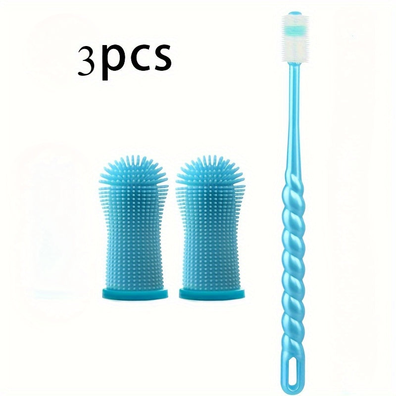 3-Piece Pet Dental Care Silicone Toothbrush Set, 360° Finger Brush & Micro-Ciliated Brush for Dogs & Cats, Soft, Gentle, No Battery Required