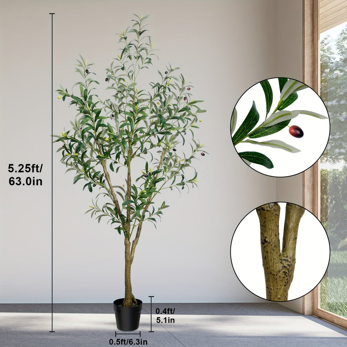 Artificial Olive Tree 5.25ft/6ft/7ft – Lifelike Multi-Trunk Faux Olive Tree with Realistic Leaves & Olives Pre-Potted for Home Office Porch Mediterranean Farmhouse Decor