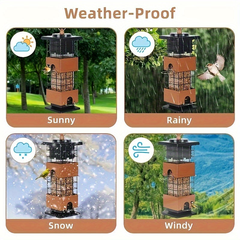 Squirrel-Proof Bird Feeder, 5 lbs Large Capacity, Outdoor Hanging Metal Construction, Bilateral Weight-Activated, Easy to Fill & Clean, Weather-Resistant for Garden and Backyard