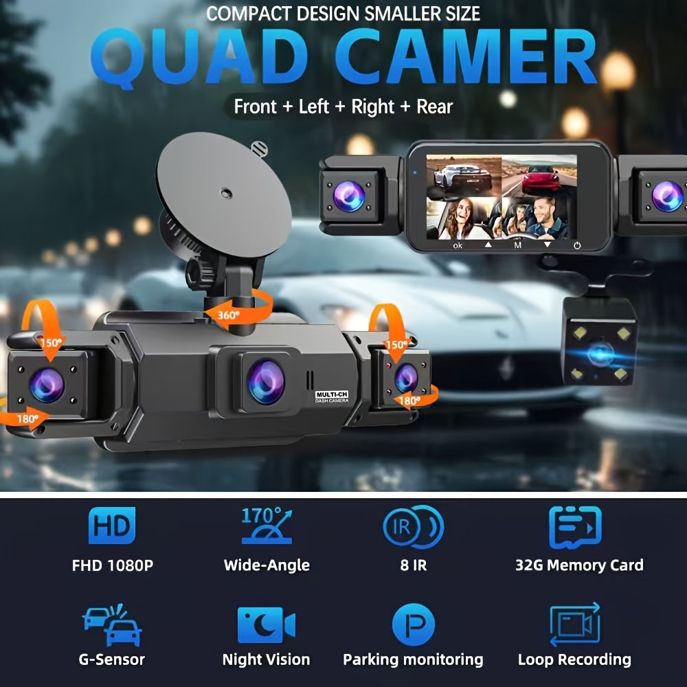 360° Dash Cam 3/4 Channel 1080P HD with Night Vision, WDR, G-Sensor, Loop Recording, 24/7 Parking Monitor, and WiFi; Multi-Lens Car Camera System for Full Coverage and Zero Blind Spots