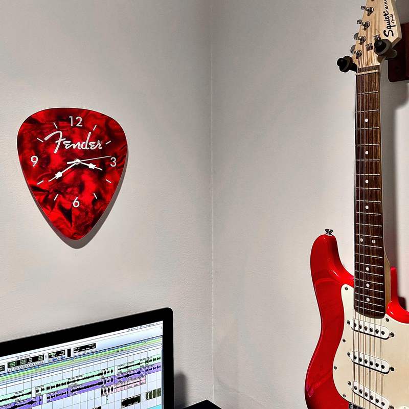Fender Guitar Pick Wall Clock – Music Lover Wall Decor Easy Install AA Battery Powered – Red