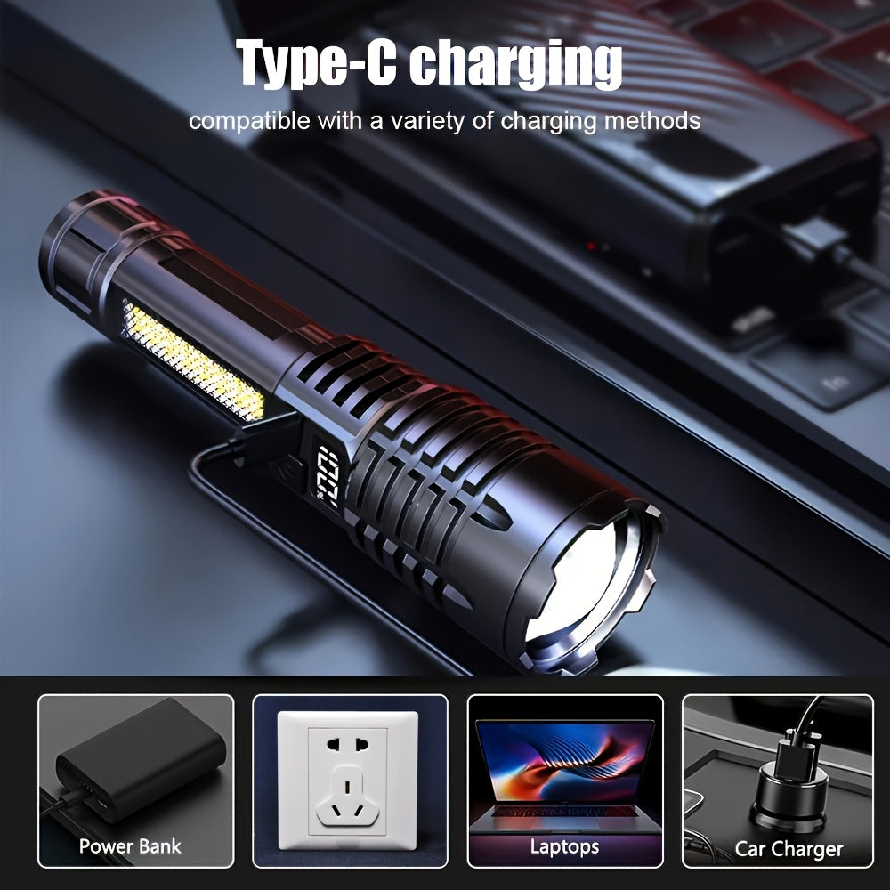 Rechargeable Tactical Flashlight 2-Pack, USB COB LED – Ultra Bright, 5 Modes, Zoomable, 200-500M Beam, LCD Display, for Camping, Fishing, Hunting, Cycling, and Emergencies
