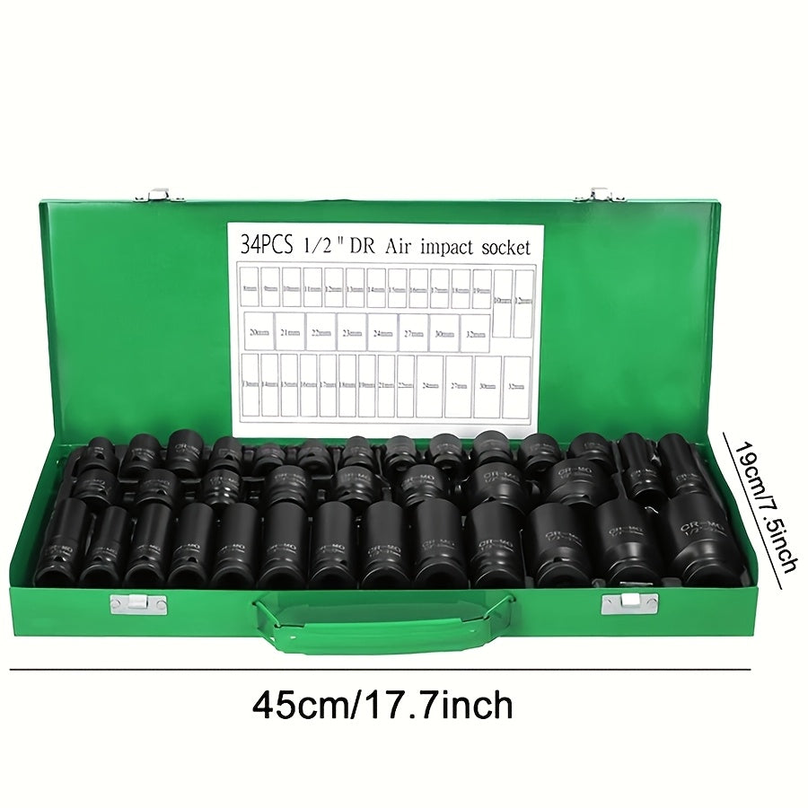 Impact Socket Set CR-V SAE & Metric 6-Point with Ratchet Handle and Extension Rod – Choose 34pc 1/2" Drive, 47pc 3/8" Drive, or 53pc Tool Set for Car Repair, Home Maintenance & Professional Use