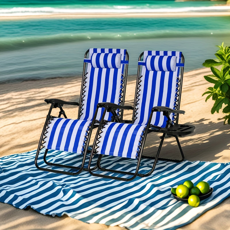 Set of 2 Zero Gravity Recliner Lounge Chairs – 500 LB Capacity Lockable Reclining Detachable Tray Cup Holder for Patio Lawn Garden & Beach in Blue Brown & Stripe Patterns