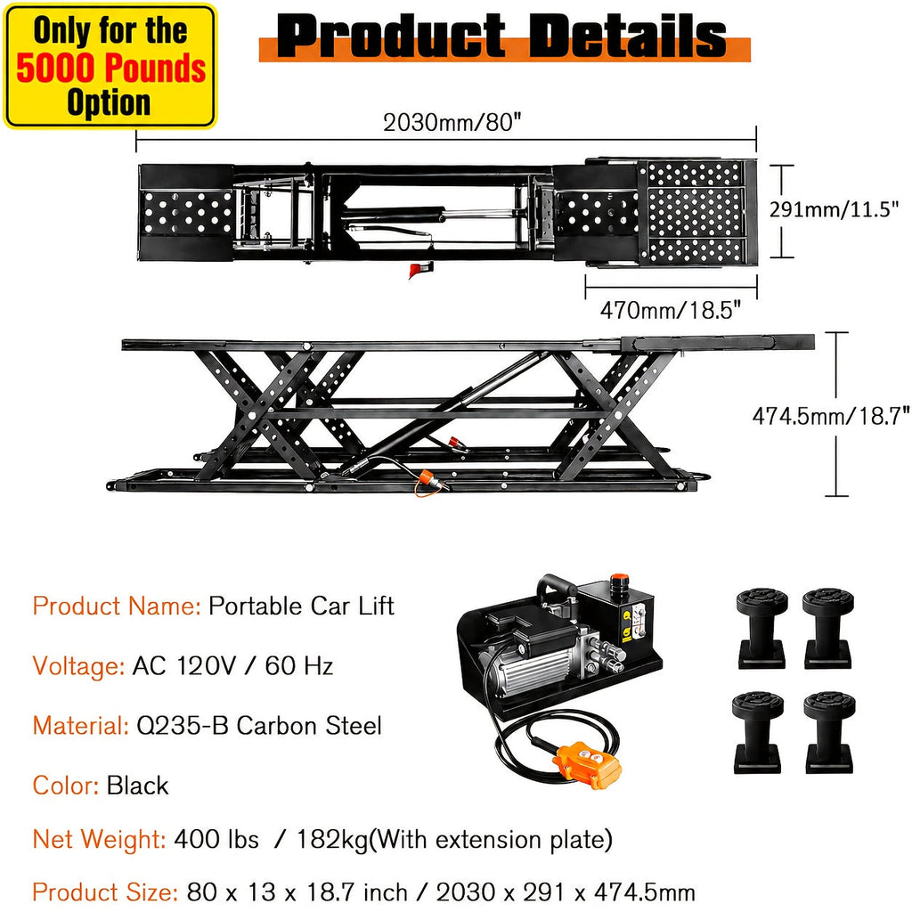Portable Car Lift 5000–8000 LBS Capacity Hydraulic Low-Profile Jack Stand 26–28" Max Lift Height for Home Garage Auto Repair Shop & Workshop – Black or Orange