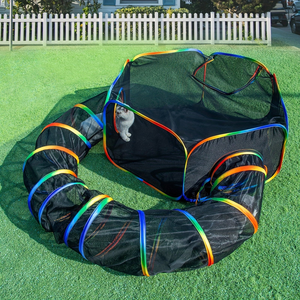 Rainbow Cat Playpen Outdoor Cat Enclosure with Circle Tunnel and Portable Pop-Up Tent, Foldable Cat Playground for Cats, Kittens, and Small Animals, Indoor/Outdoor Use