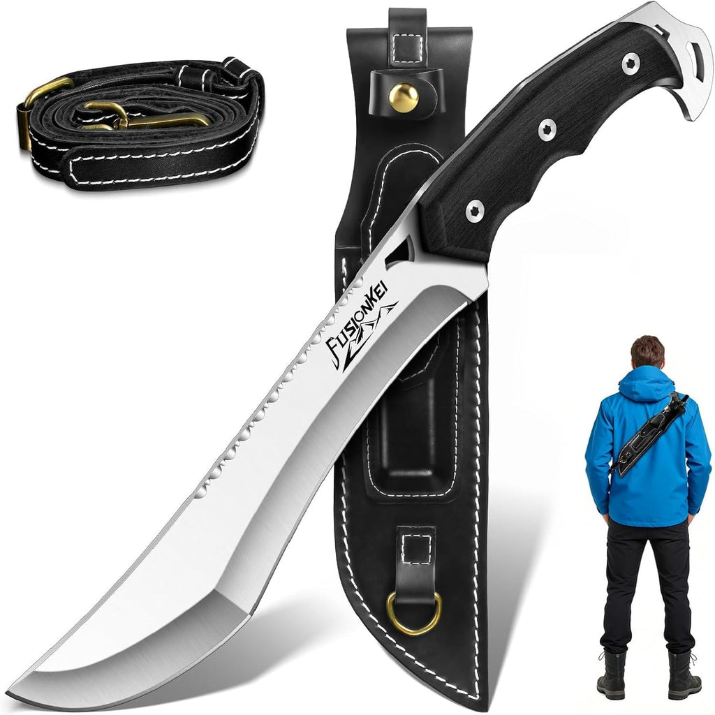 Heavy Duty Fixed Blade Knife 8.5 In Drop-Forged Hollow-Ground Full Tang Ebony Wood Handle with Back Strap Leather Sheath for Camping Bushcraft & Wood Cutting – Gift for Men