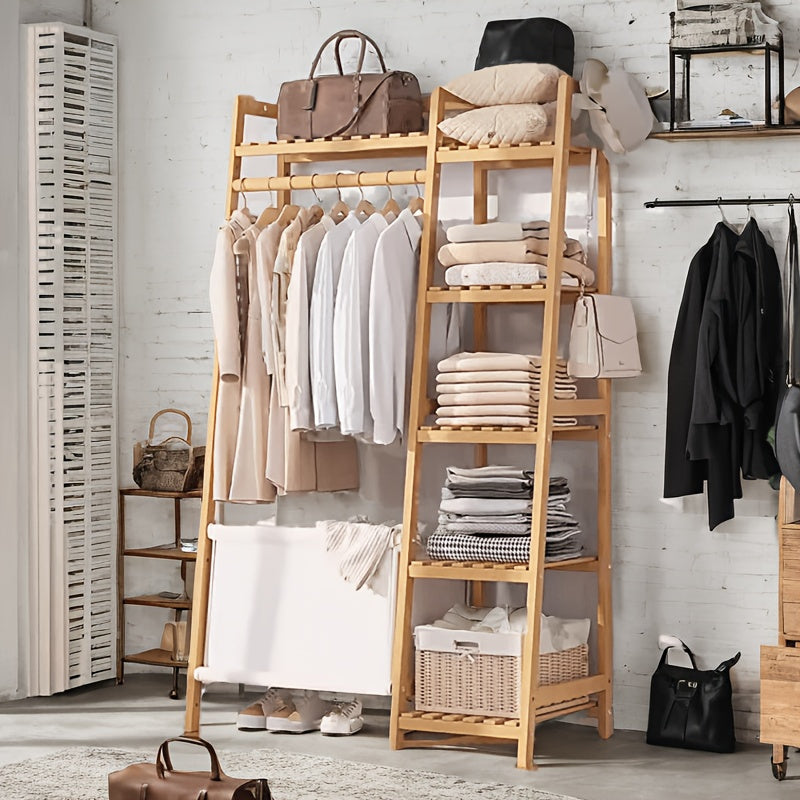 Bamboo Clothes Rack with Shelves Hat Hooks & Storage Bag – Adjustable Multi-Capacity Clothing Stand for Bedroom Closet in 32 / 51 / 75 Inch Brown & Natural