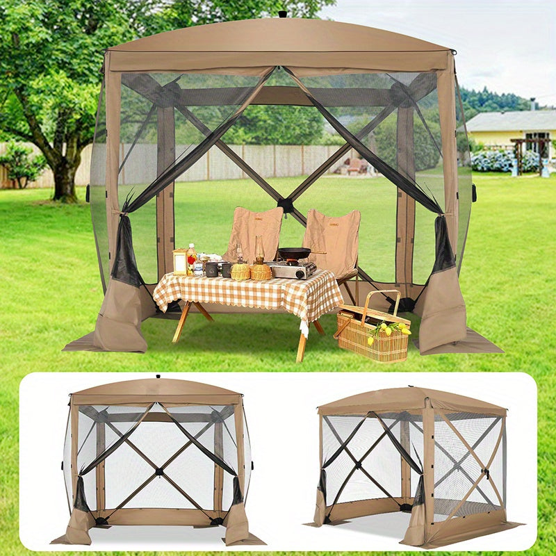 8x8 Pop-Up Gazebo with Mesh Tent Portable Outdoor Canopy with Tote Bag & Ground Stakes for Camping Garden Picnic & Backyard – Brown, Khaki, Blue & Grey