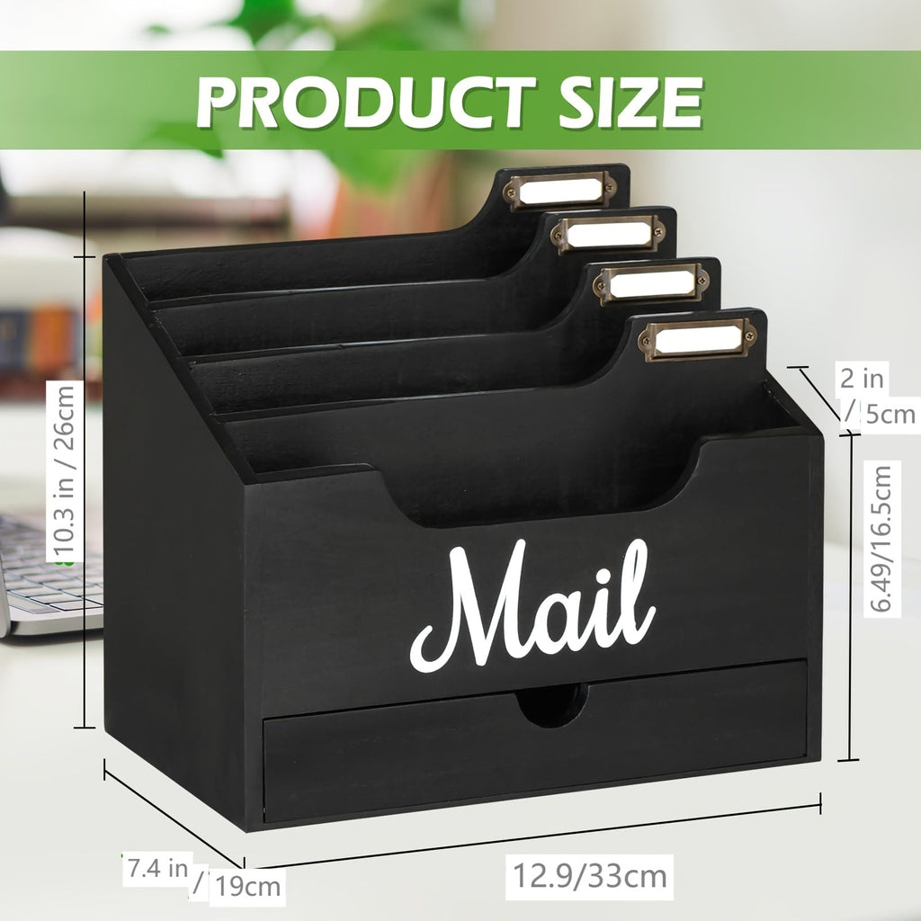 Large Solid Wood Desktop Mail Organizer with Drawer and 4 Compartments, Labelable Dividers for Files, Letters, and Paper Folders, Desk Organizer for Home Office, Students, and Professionals