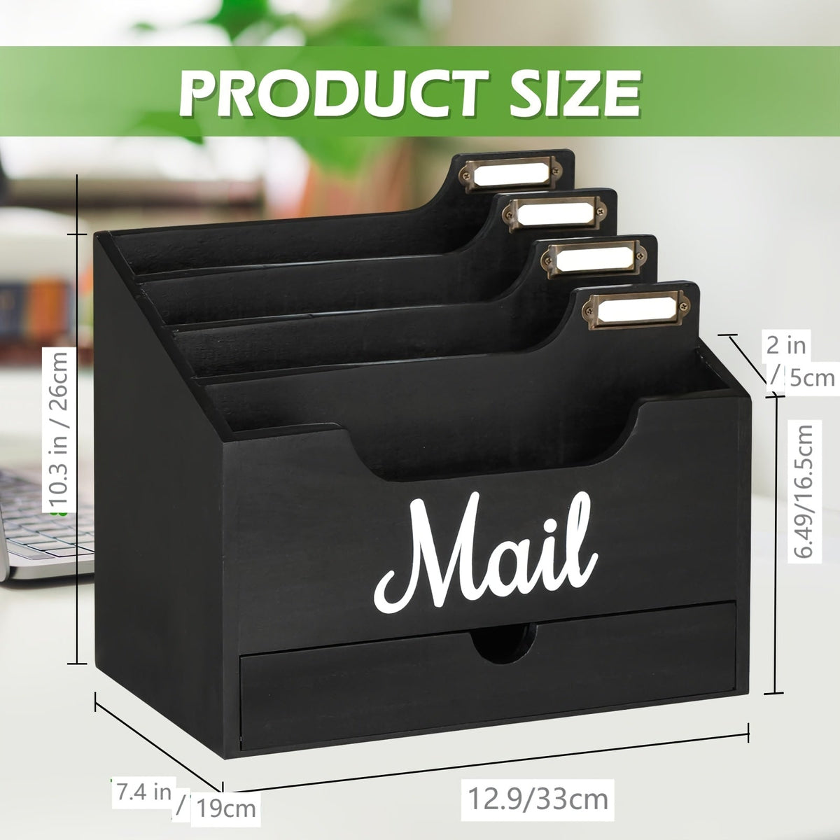 Large Solid Wood Desktop Mail Organizer with Drawer and 4 Compartments, Labelable Dividers for Files, Letters, and Paper Folders, Desk Organizer for Home Office, Students, and Professionals