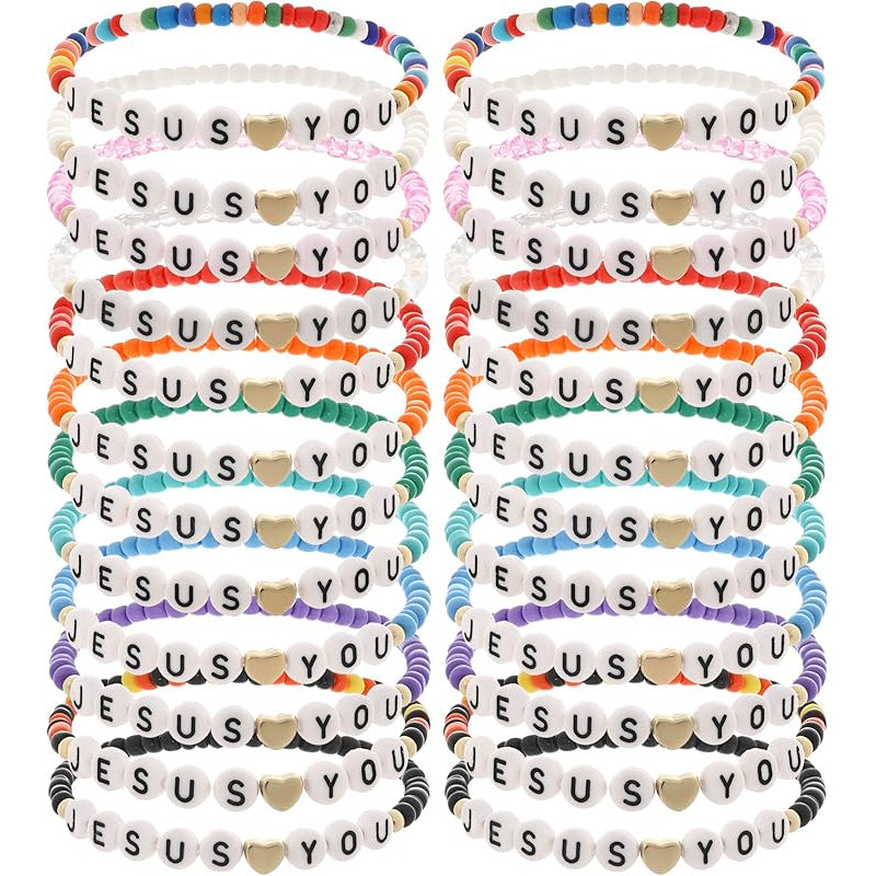 24pc Christian Friendship Bracelet Set – Handmade Clay Bead "Jesus Loves You" Bracelets, Bulk Religious Jewelry for Christmas, Easter, Church Events & Faith-Based Gifts