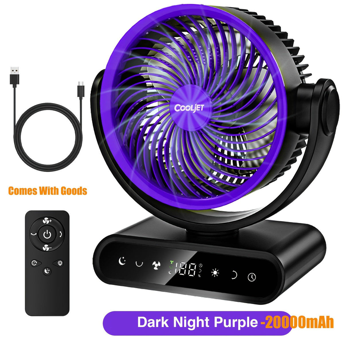 Portable Battery Fan 20000mAh / 40000mAh – 9-Inch 5-Speed Oscillating Fan with Remote 12 LED Warm Lights 14H-50H Runtime for Outdoor Camping Home Office