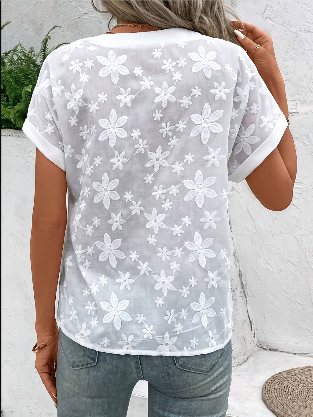 Floral Embroidered V-Neck Blouse Women's Loose Casual Summer Top White Batwing Short Sleeve Button Detail Lightweight Woven Shirt S-XXL