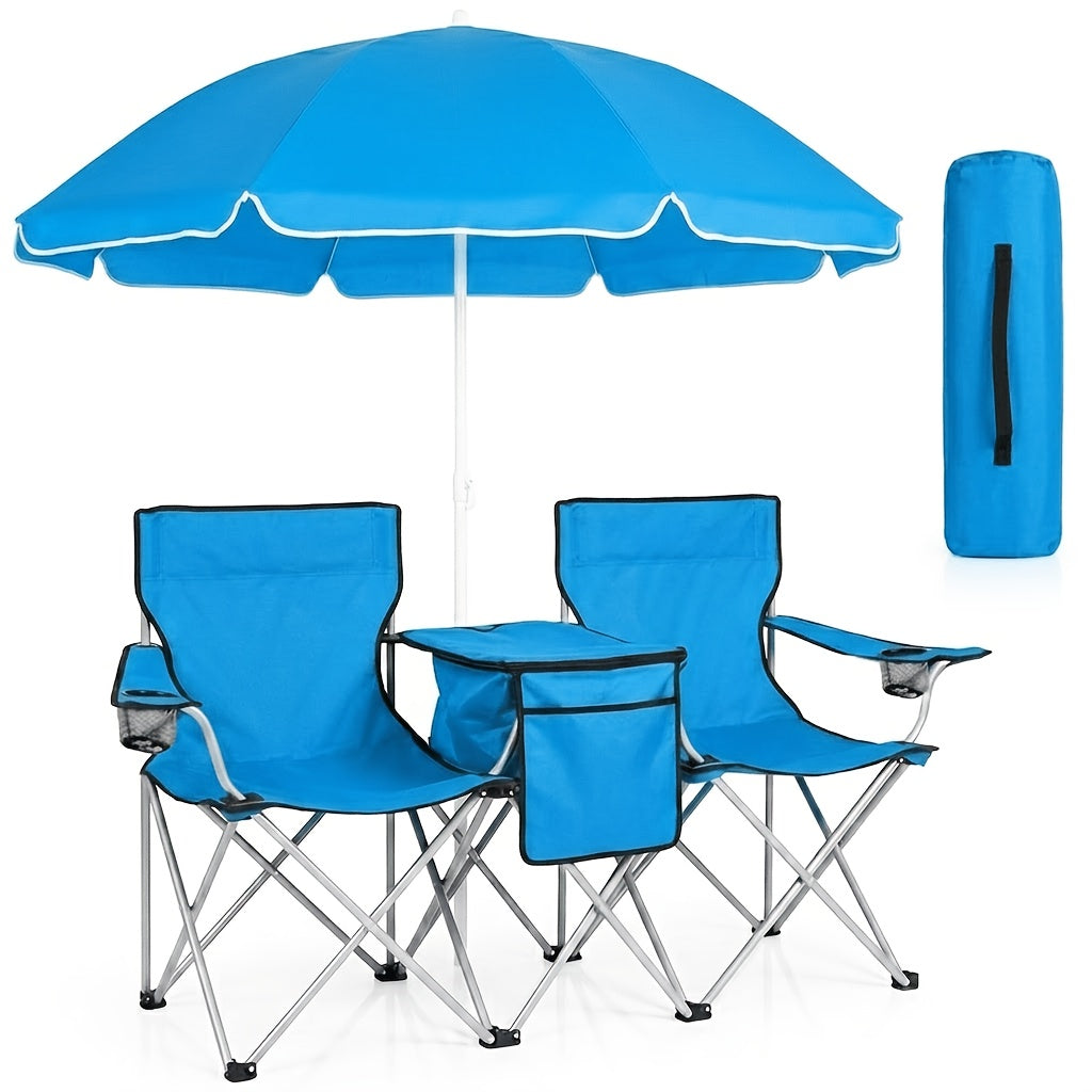 2-Person Camping Chair with Detachable Canopy – Folding Outdoor Loveseat with Cup Holders Cooler Table & Carry Bag for Beach Picnic Fishing BBQ