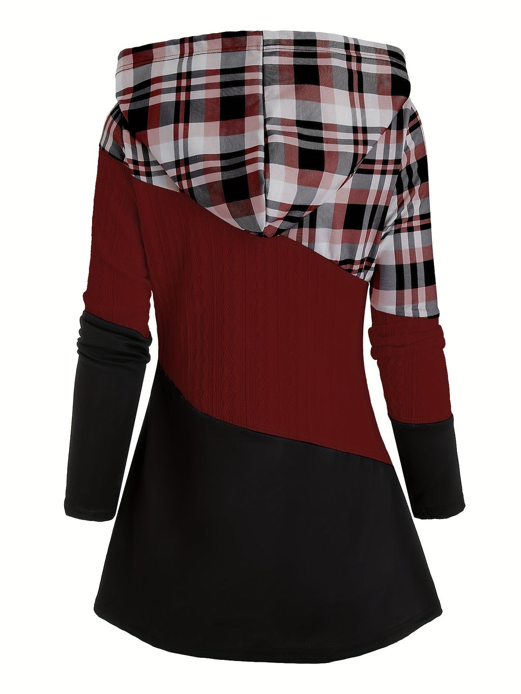 Women's Plaid Patchwork Hoodie - Long Sleeve Drawstring Pullover, Casual Fashion Hooded Sweatshirt - Pink Red, Burgundy & Fern Green - S to XXL