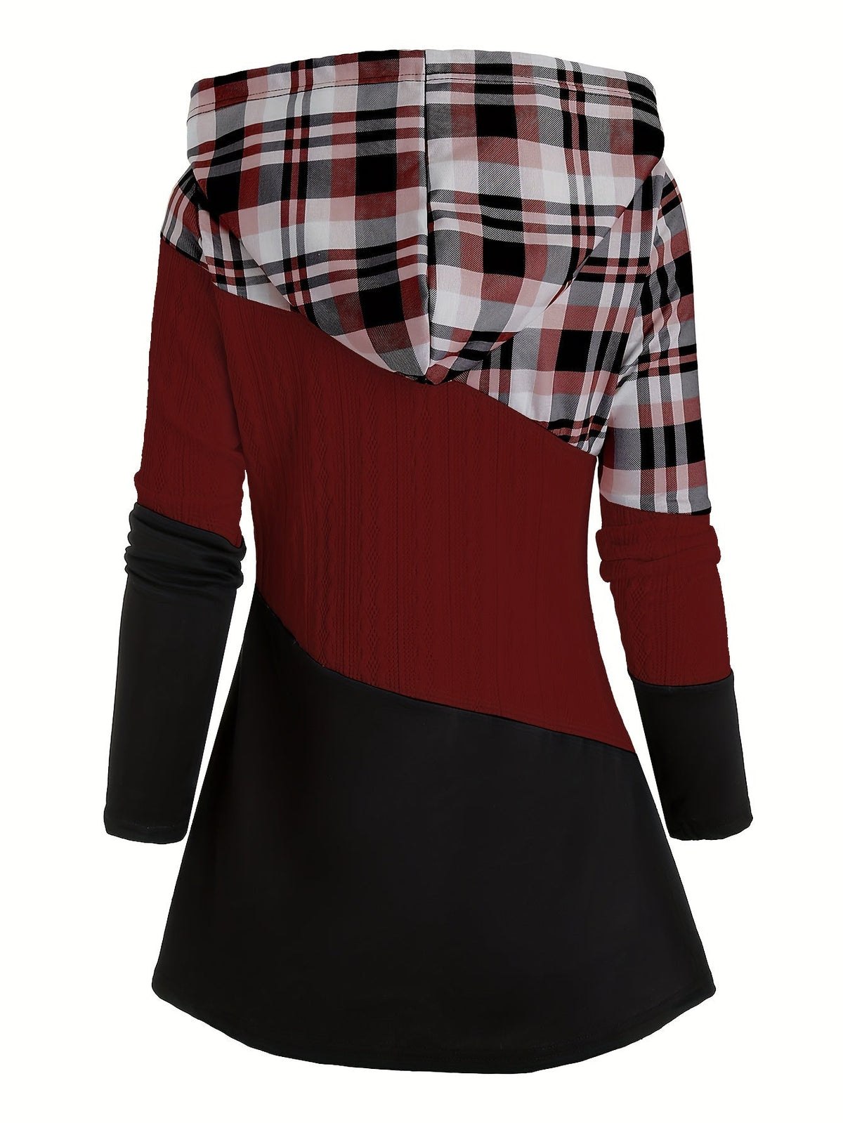 Women's Plaid Patchwork Hoodie - Long Sleeve Drawstring Pullover, Casual Fashion Hooded Sweatshirt - Pink Red, Burgundy & Fern Green - S to XXL