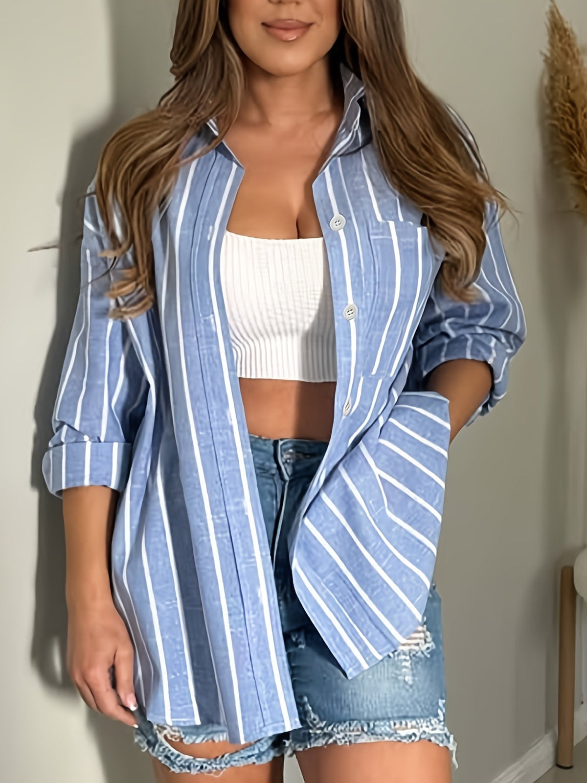Women's Striped Oversized Long-Sleeve Button-Down Shirt – Loose Casual Lapel Blouse with Pocket, Classic Vertical Stripe Top Blue Pink Khaki S-XXL