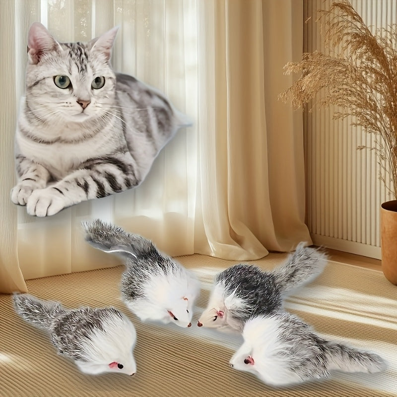 毛绒老鼠猫玩具套装 3件或5件装 - 仿真长毛老鼠，配双色塑料机身，适用于幼猫和成年猫的室内互动玩耍与锻炼玩具