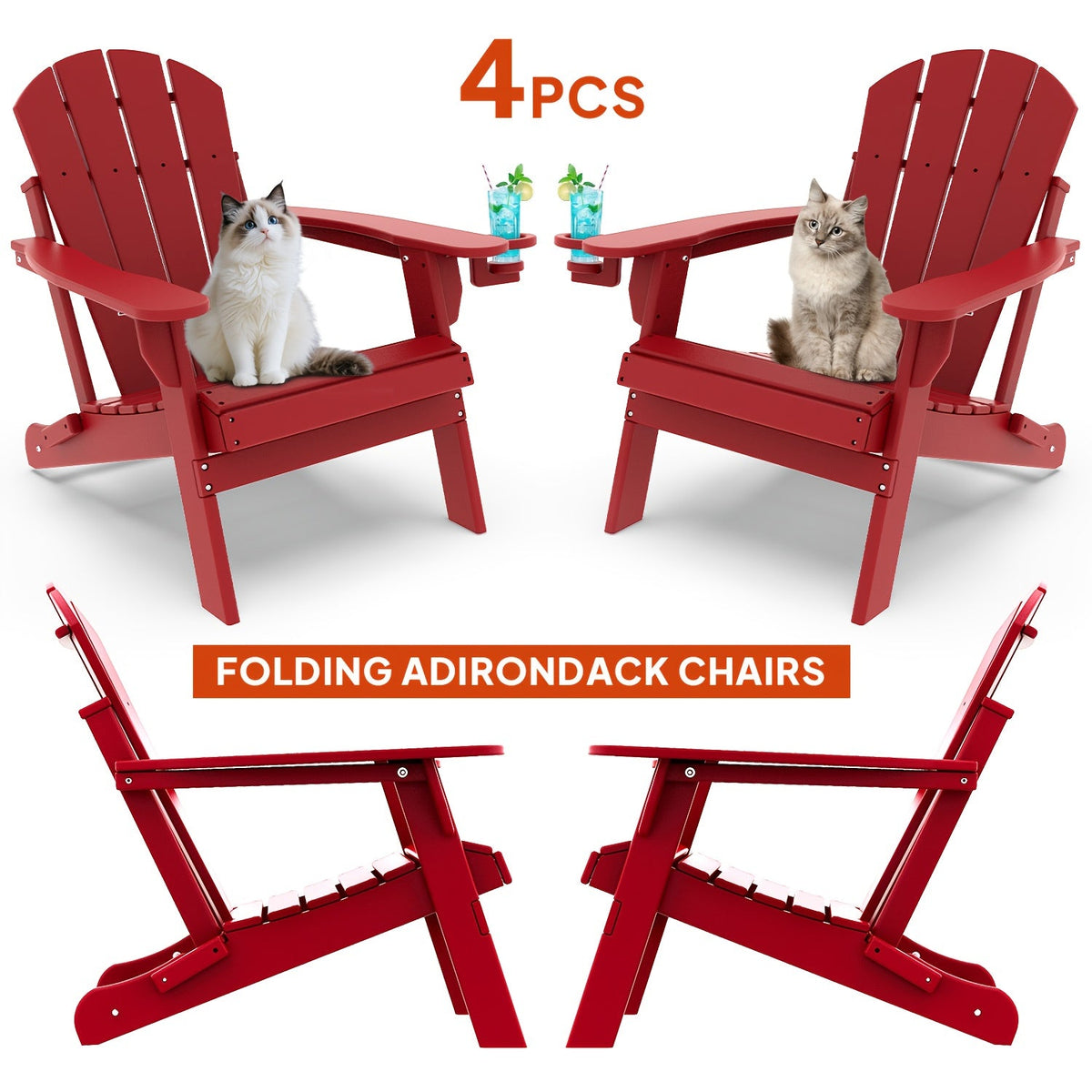 Folding Adirondack Chair with Cup Holder Portable Recliner Stainless Steel Frame Durable Plastic Easy Clean for Patio Poolside Garden Camping Set of 1 2 4 6
